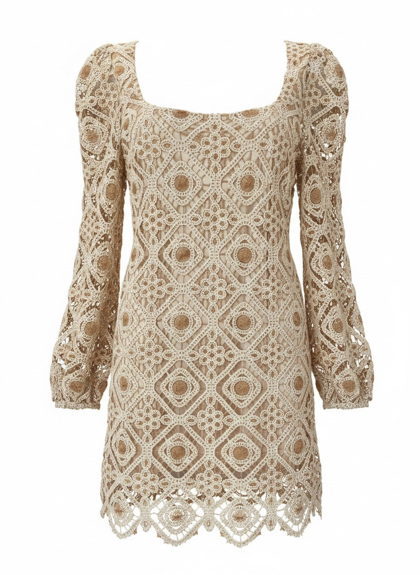 Flicka Beige Crochet Knit Mini Dress – Luxury Bohemian Lace Dress – Size Medium