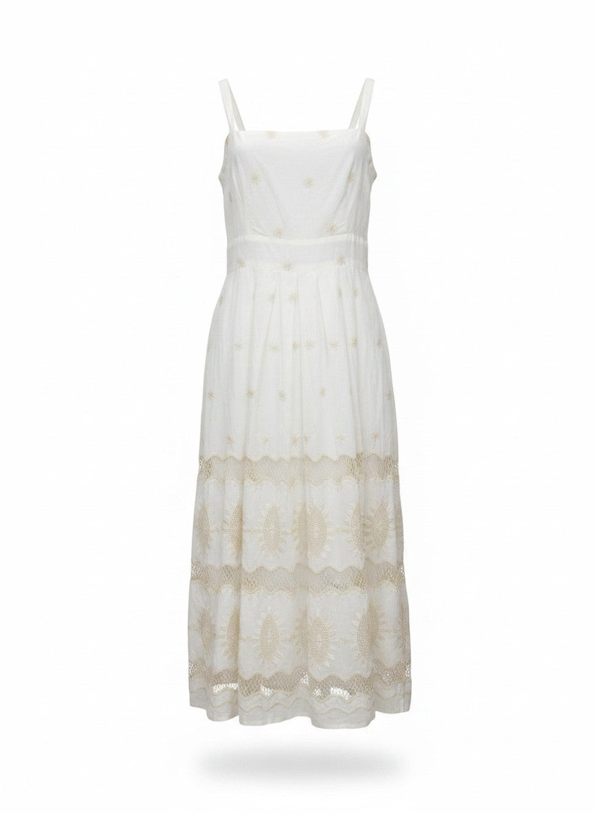 Flicka White Embroidered Maxi Dress – Romantic Bohemian Summer Dress – Size Large
