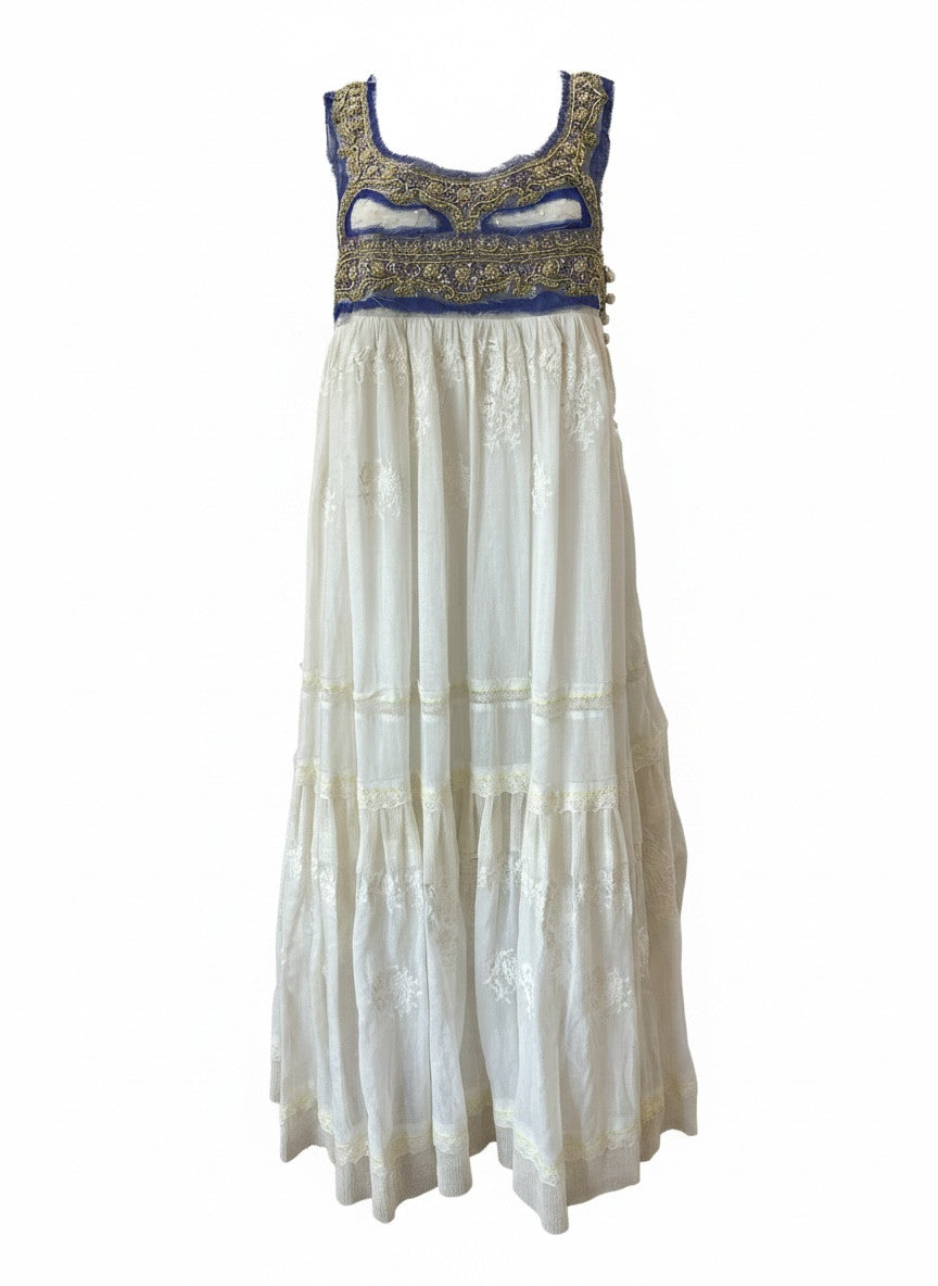 Free People Kristal’s Limited Edition Summer Dress – Embroidered White & Blue Bohemian Maxi Dress – Size 2