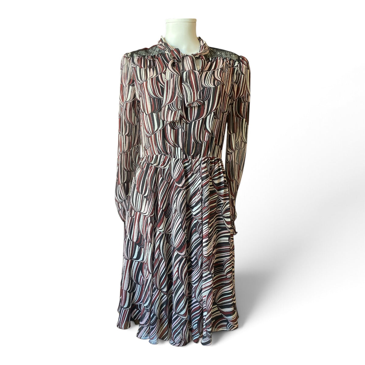 Giambattista Valli Printed Long-Sleeve Bow-Neck Midi Dress – Black & Burgundy – Size 42