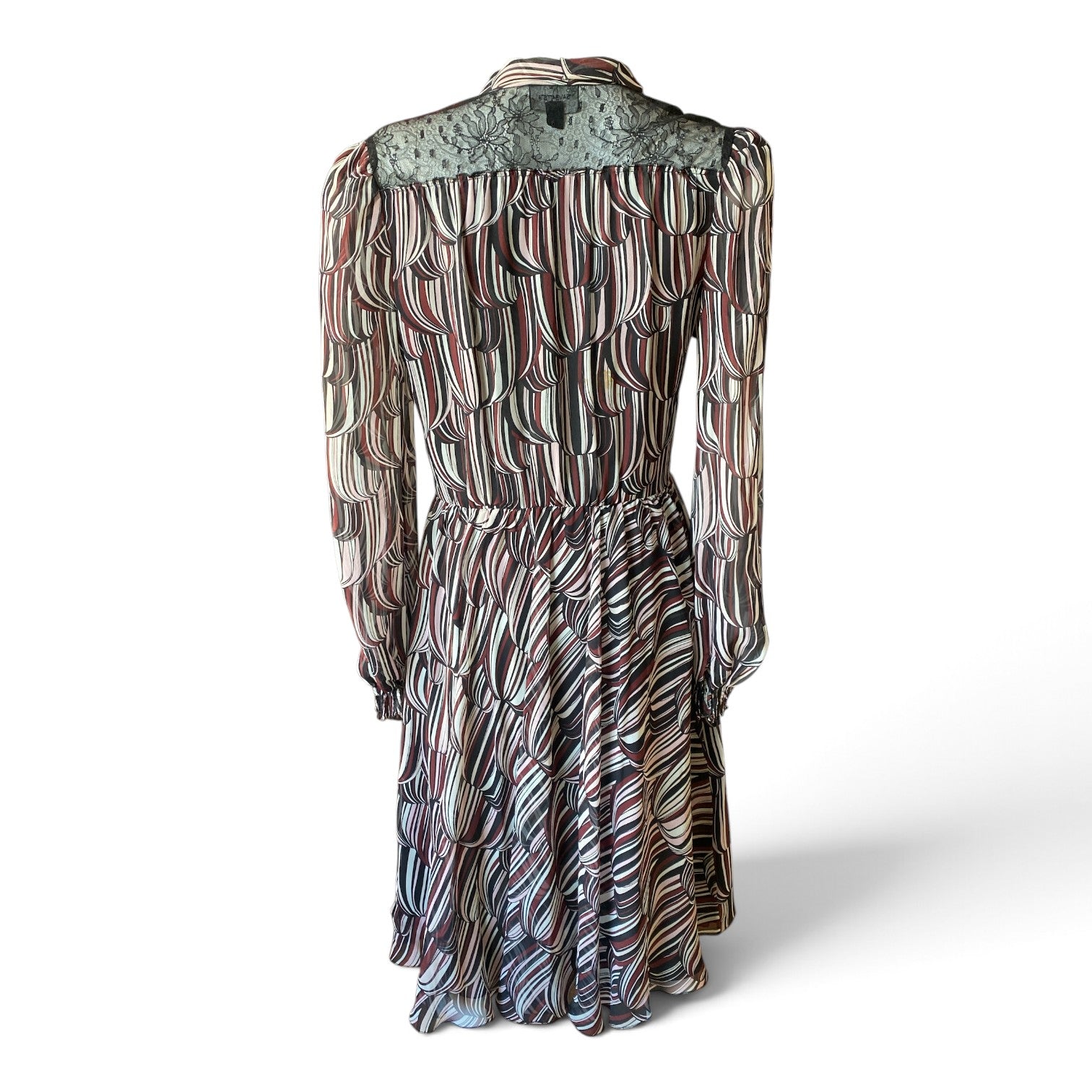 Giambattista Valli Printed Long-Sleeve Bow-Neck Midi Dress – Black & Burgundy – Size 42