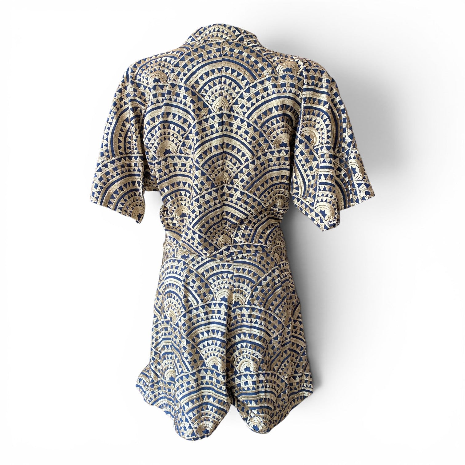 Greek Archaic Kori Geometric Embroidered Blouse & Shorts Set – Blue & Gold – Size S