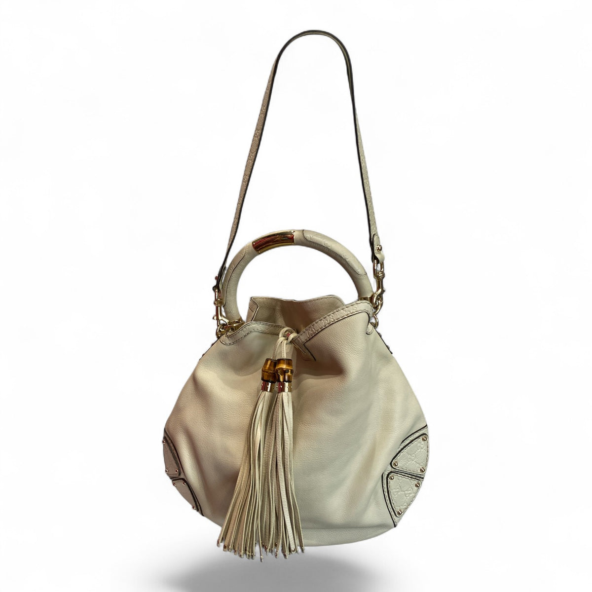Gucci Indy Cream Leather Hobo Bag with Bamboo Tassels
