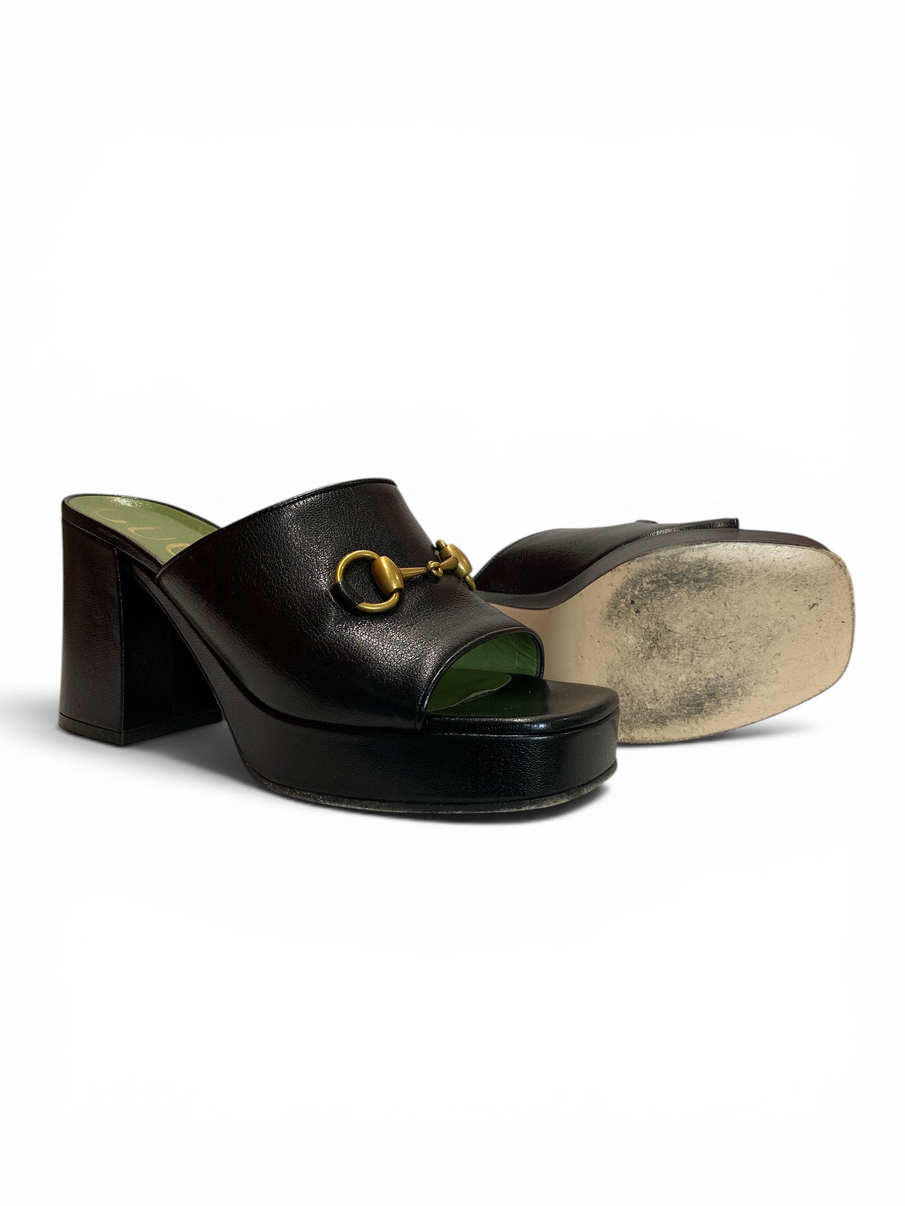 Gucci Horsebit Platform Slide Sandals Black Leather – Size 38.5