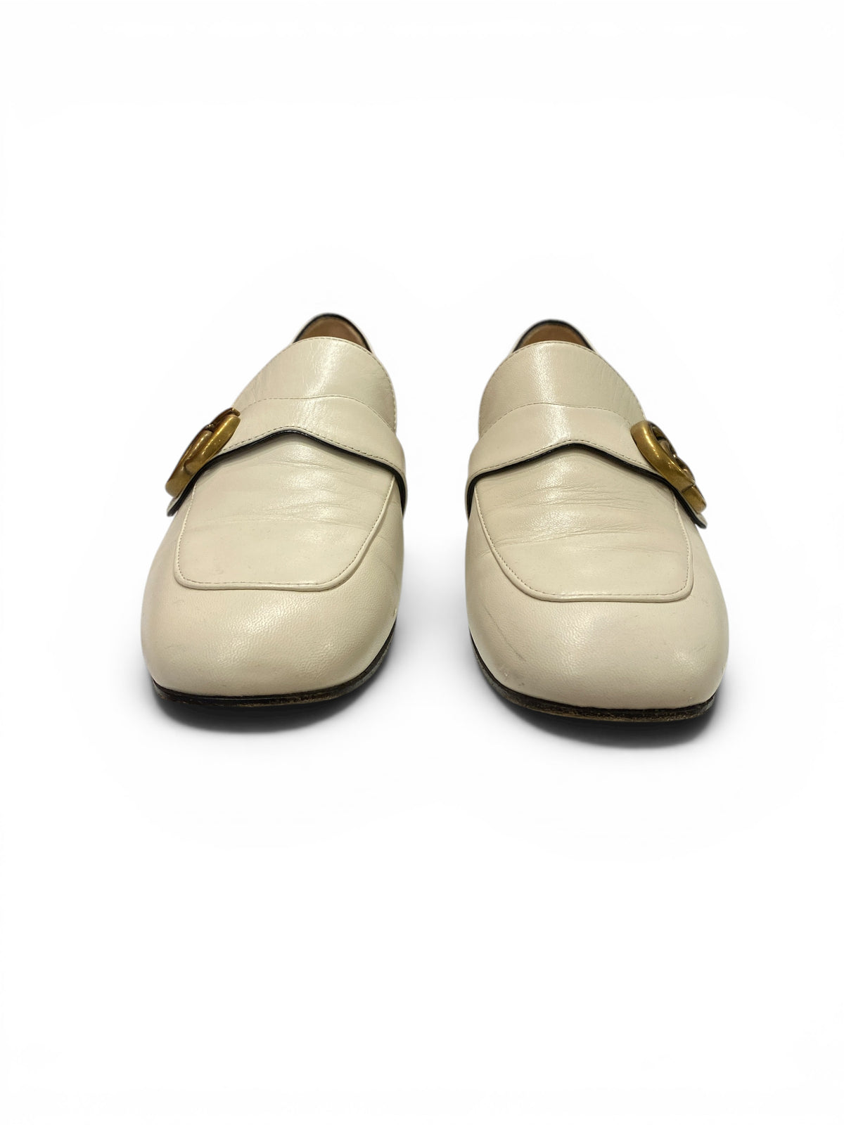 Gucci Marmont White Leather Low Heel Loafers Gold Double G Logo, with Dust Bag - Size 39