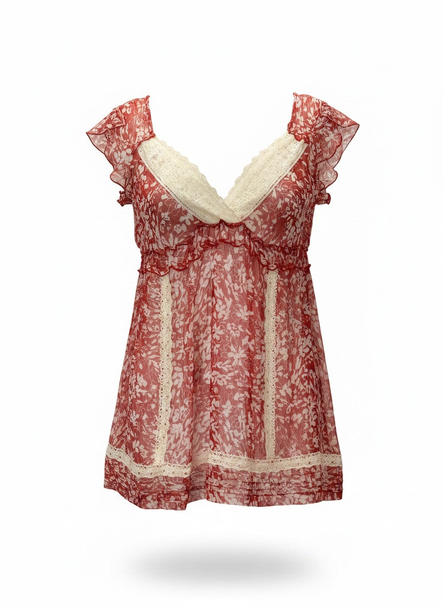 Hale Bob Red Floral Lace Trim Silk Blend Top - Size Small