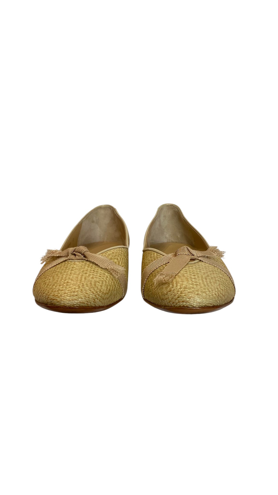Salvatore Ferragamo Beige Woven Ballet Flats Bow Detail - Size 10