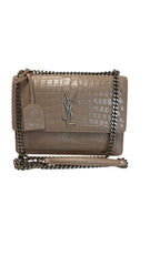 Saint Laurent Medium Sunset Croc Embossed Shoulder Bag Beige