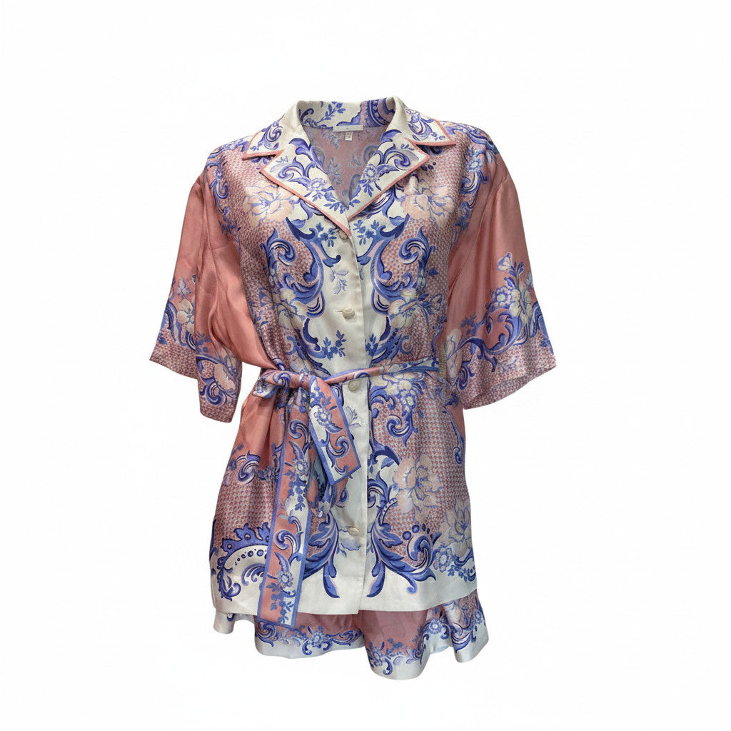 Conjunto estampado de shorts y blusa con cinturón Zimmermann, Resort de lujo a juego