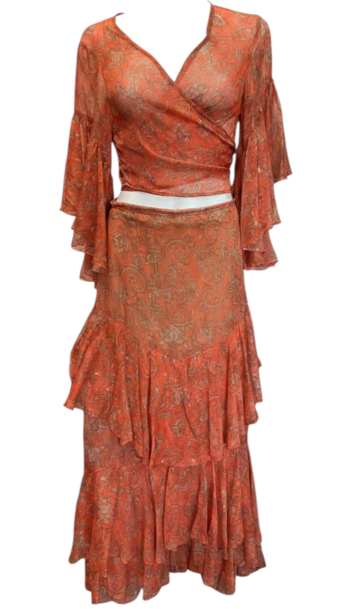 Vassia Kostara Orange Co-Ord Set Skirt and Top, Lightweight Designer Set
