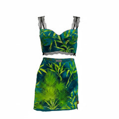 Versace Green Leaf Print Co-ord Set Crop Top and Mini Skirt, Statement Designer Set - Size 38