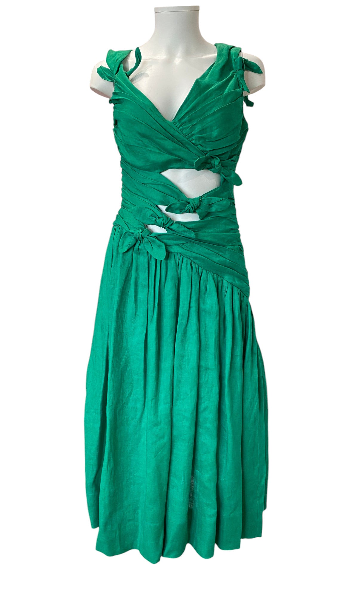 Zimmermann Tiggy Ruched Λινό Μίντι Φόρεμα Πράσινο, Επώνυμο Φόρεμα με Κόψιμο -Μέγεθος 2