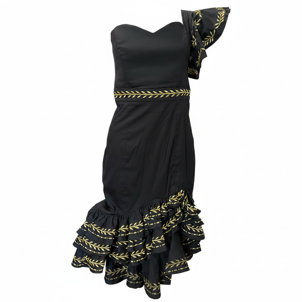 Caroline Constas One Shoulder Black Gold Dress, Statement Evening Dress - Size Small