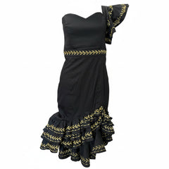 Caroline Constas One Shoulder Black Gold Dress, Statement Evening Dress - Size Small