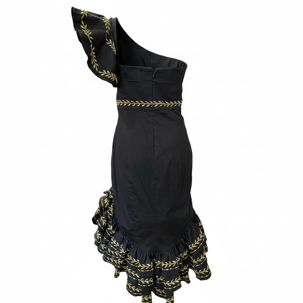 Caroline Constas One Shoulder Black Gold Dress, Statement Evening Dress - Size Small