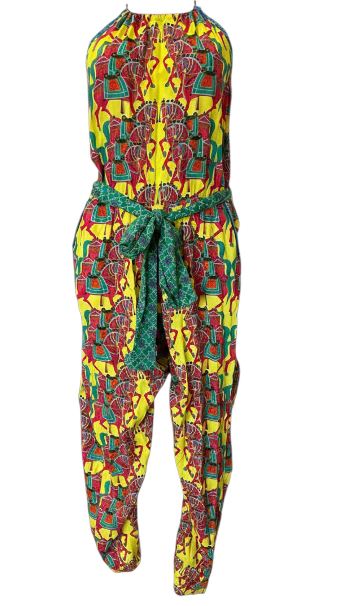 Paolita Yellow Printed Jumpsuit Belted, Statement Resort Jumpsuit - Size Medium