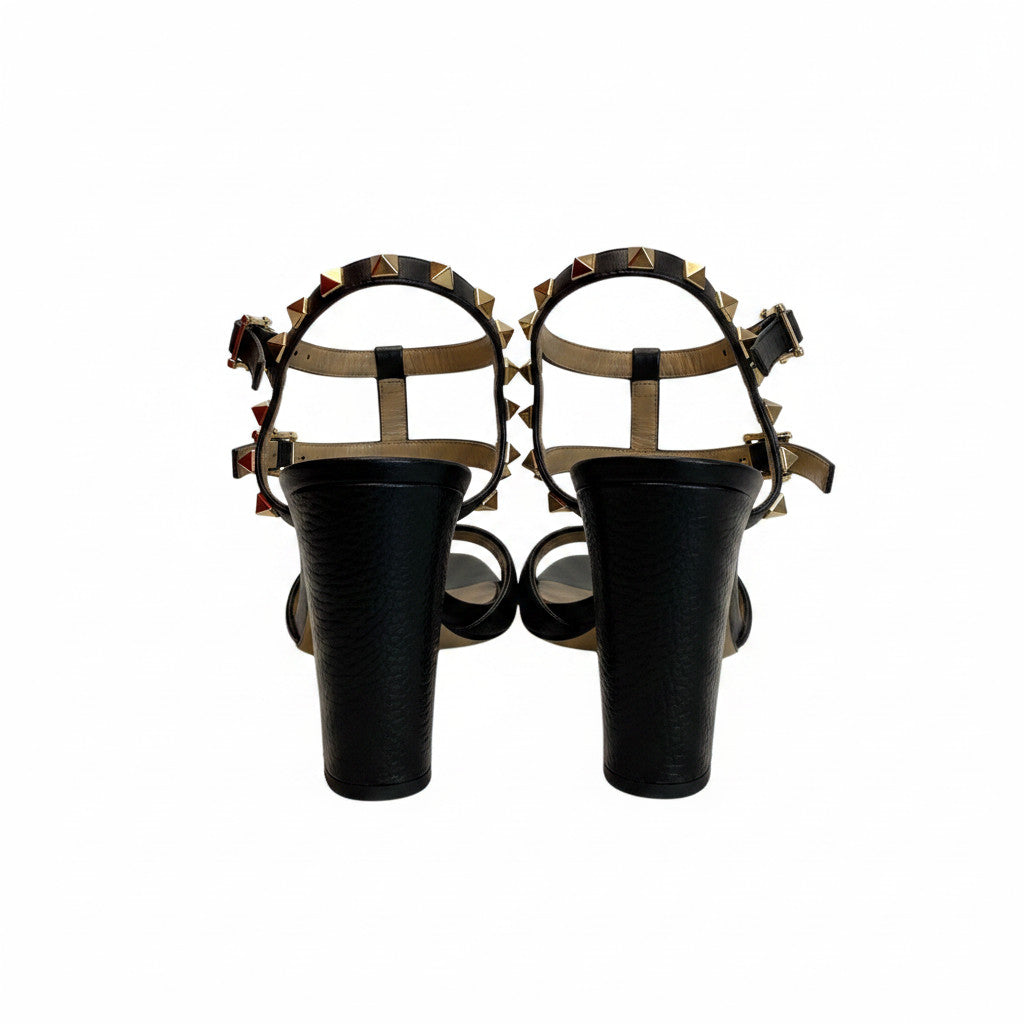 Valentino Rockstud Μαύρα Δερμάτινα Πέδιλα, Ψηλοτάκουνα με Λουράκι στον Αστράγαλο με Χρυσά Καρφιά - Μέγεθος 37