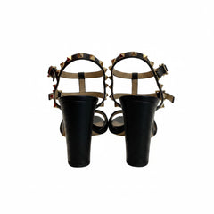Valentino Rockstud Μαύρα Δερμάτινα Πέδιλα, Ψηλοτάκουνα με Λουράκι στον Αστράγαλο με Χρυσά Καρφιά - Μέγεθος 37