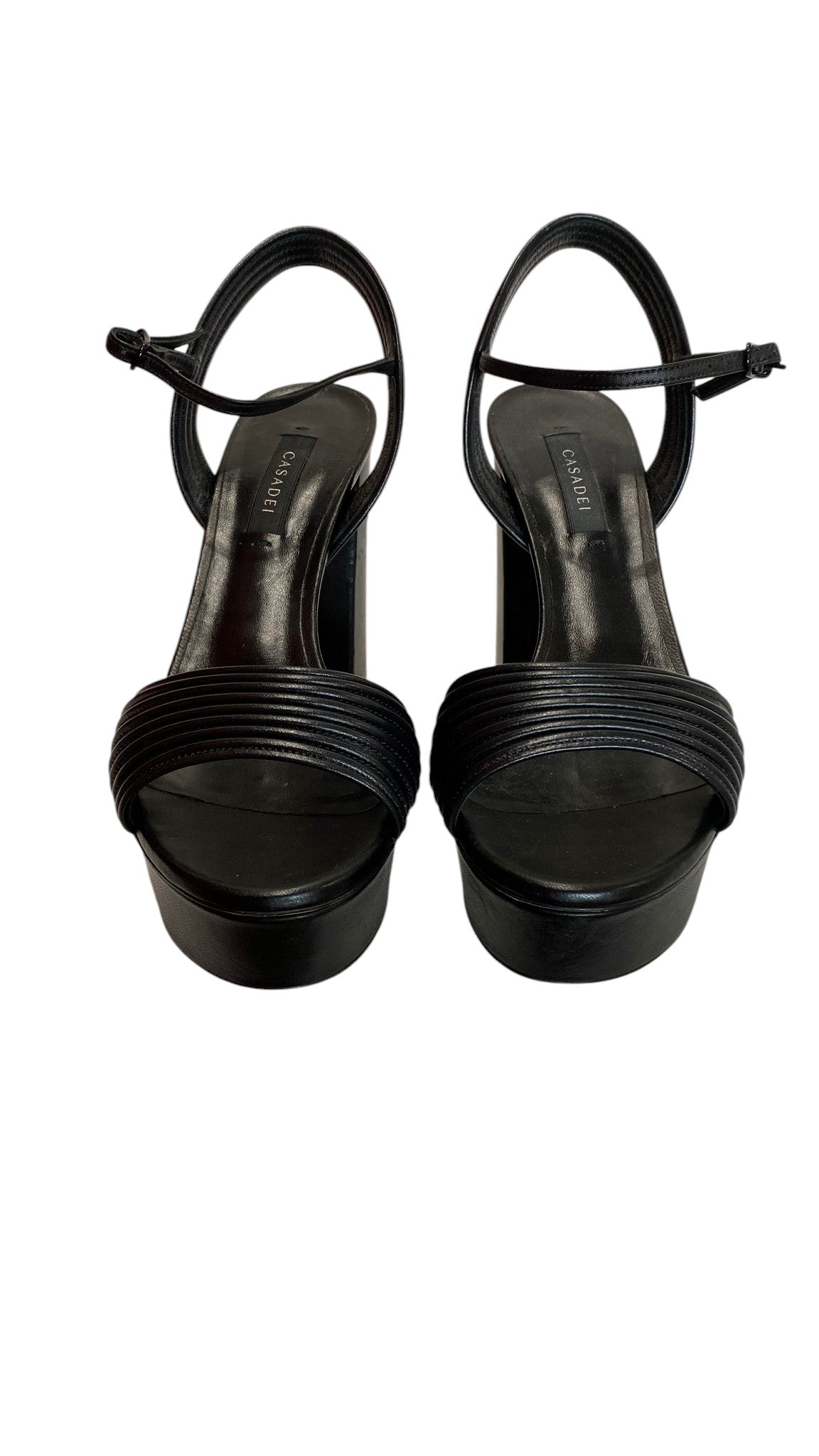 Casadei Black Leather Platform Sandals Block Heel, Designer Heels - Size 6.5