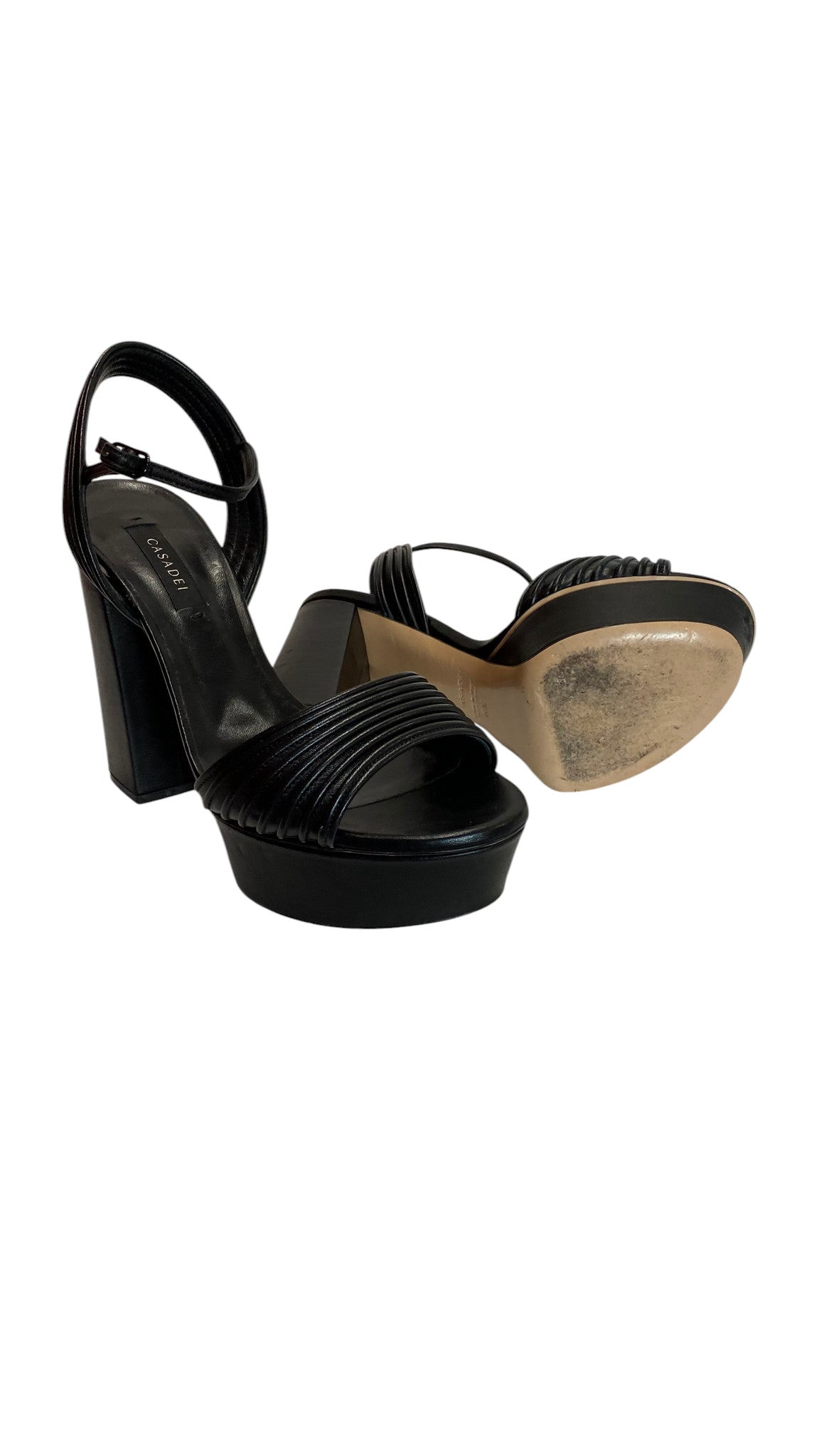 Casadei Black Leather Platform Sandals Block Heel, Designer Heels - Size 6.5