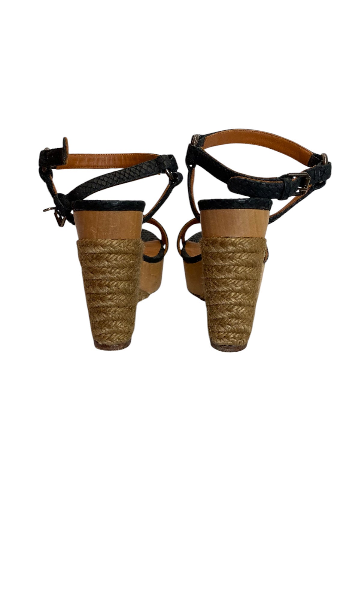 Lanvin Black Python Embossed Leather Wedge Sandals Espadrille Heel - Size 37