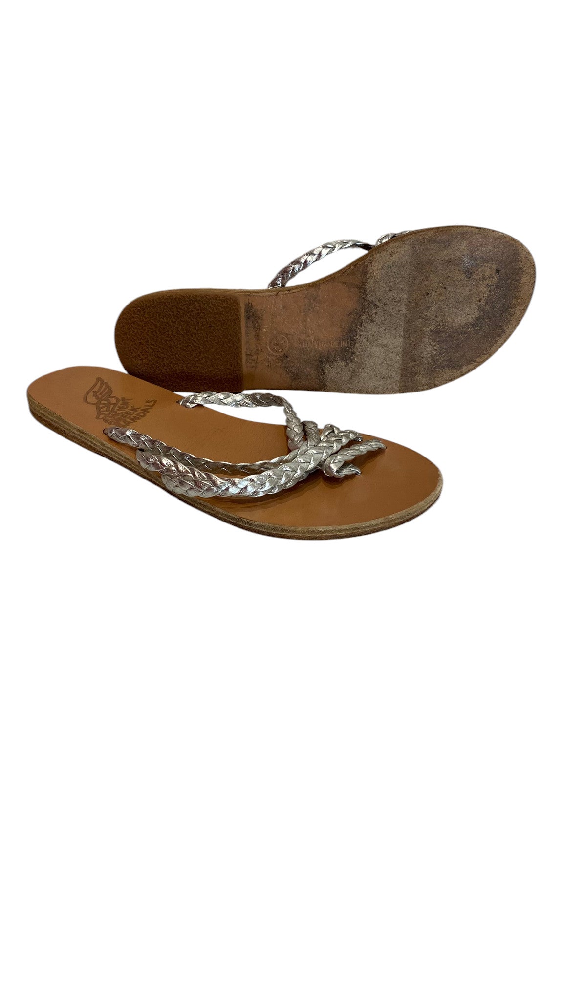Ancient Greek Sandals Ασημένια Πλεγμένα Δερμάτινα Φλατ, Μίνιμαλ Καλοκαιρινά Σανδάλια - Μέγεθος 38