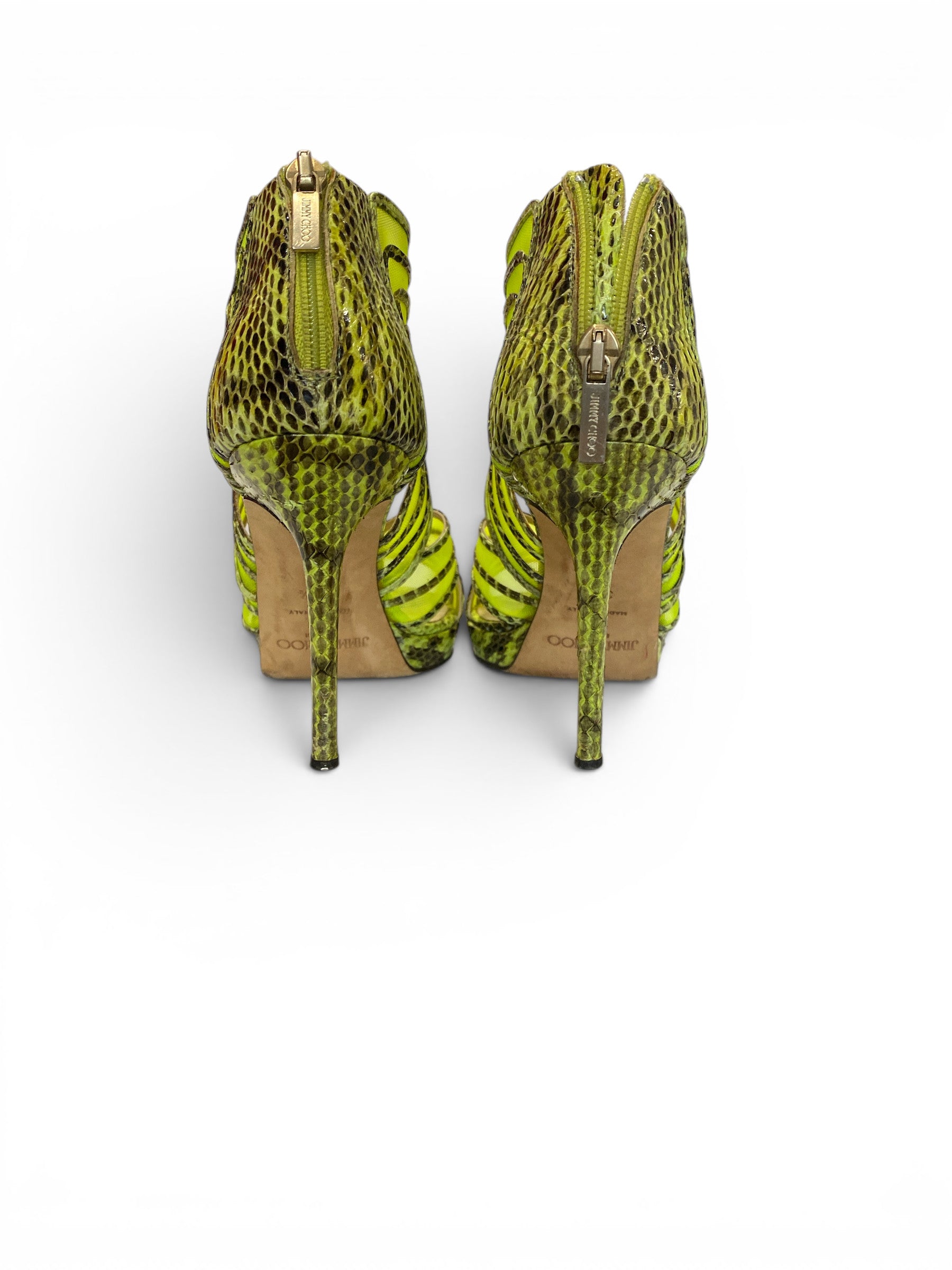 Jimmy Choo Neon Green Python Mesh Magnum Sandals - Size 38.5
