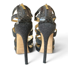 Jimmy Choo Python-Effect & Glitter Cutout Sandals – Black – Size 39.5