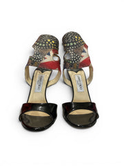 Jimmy Choo Black Patent Leather Patterned Strap Heeled Sandals - Size 38.5