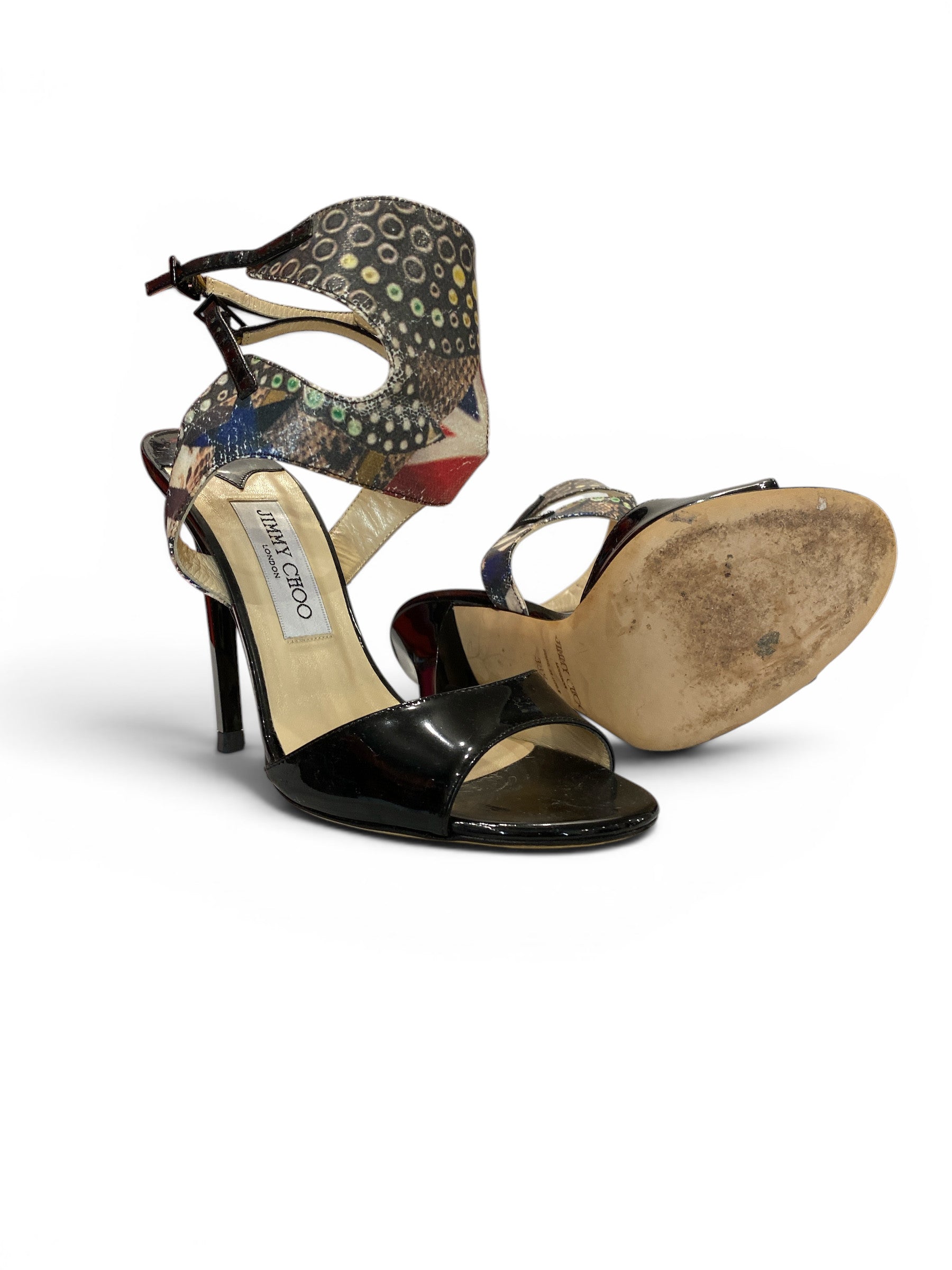 Jimmy Choo Black Patent Leather Patterned Strap Heeled Sandals - Size 38.5