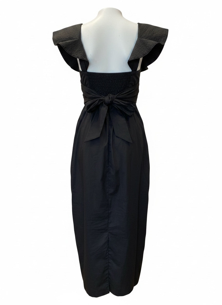 Johanna Ortiz Ruffled Collar Midi Dress – Black | Sculptural Elegance