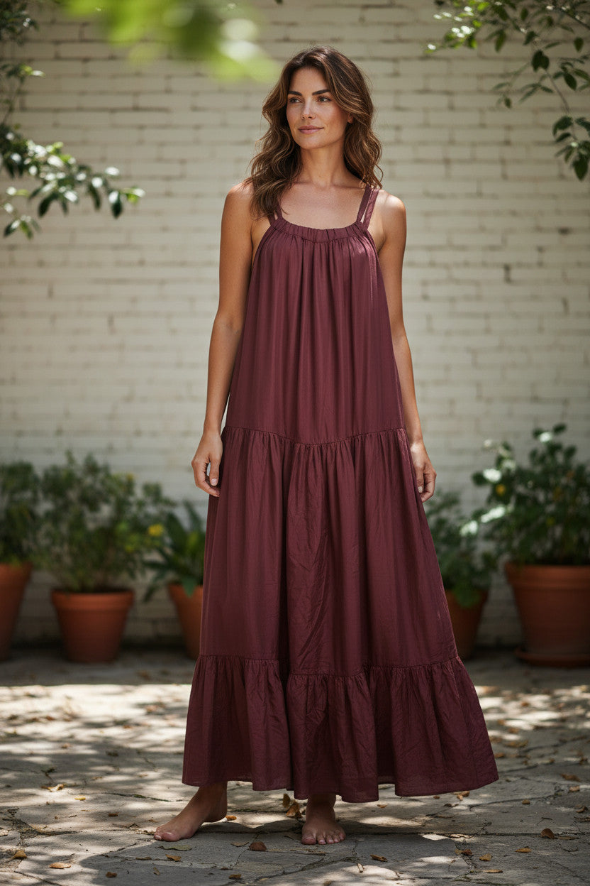 Kalita Burgundy Silk Maxi Dress – One Size