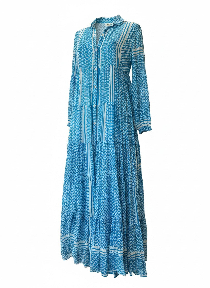 Kashish Turquoise & White Bohemian Maxi Dress – Artisan Resort Kaftan Dress – One Size