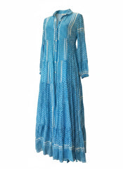 Kashish Turquoise & White Bohemian Maxi Dress – Artisan Resort Kaftan Dress – One Size