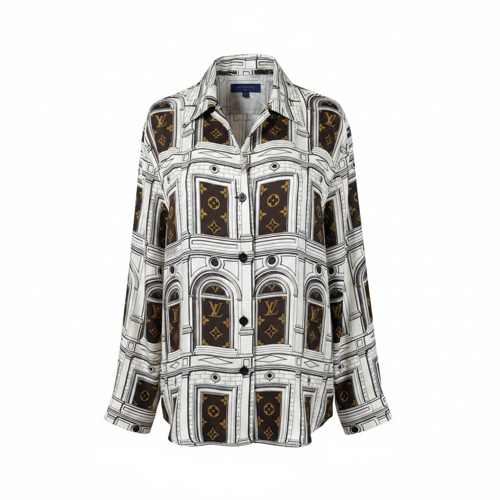 Camisa de pijama de seda Louis Vuitton x Fornasetti, estampado arquitectónico 2021