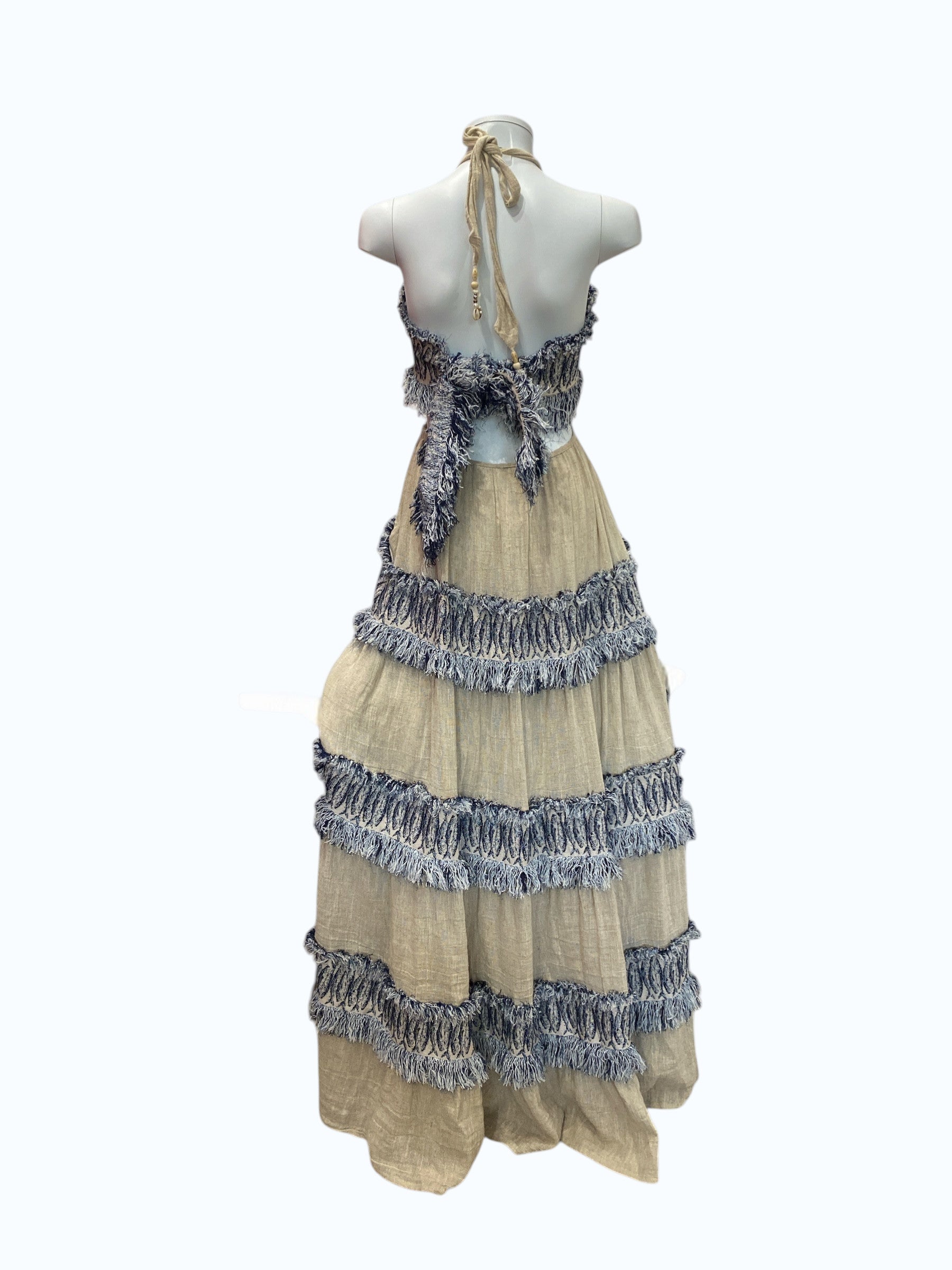 Lace Beige and Blue Tiered Maxi Dress Textured Fringed Halterneck - Size S
