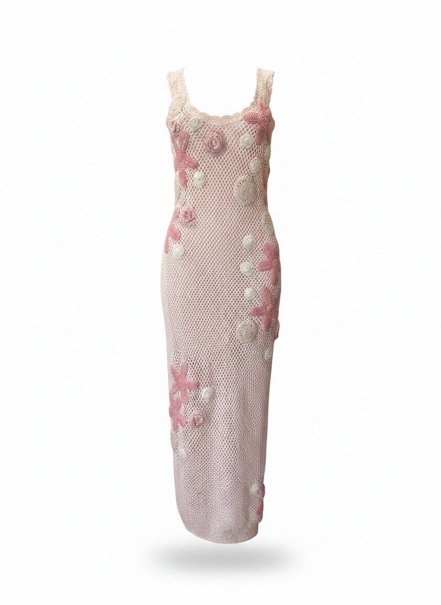 LoveShackFancy Shelburne Crochet Midi Dress – Pink Starfish Embellished Limited Edition Dress – Size Medium