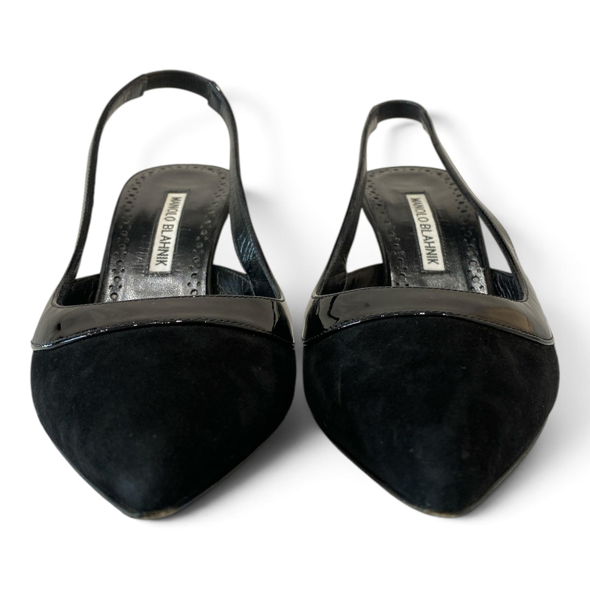 Manolo Blahnik Brontiasli Black Suede Slingback Pumps – Size 37.5