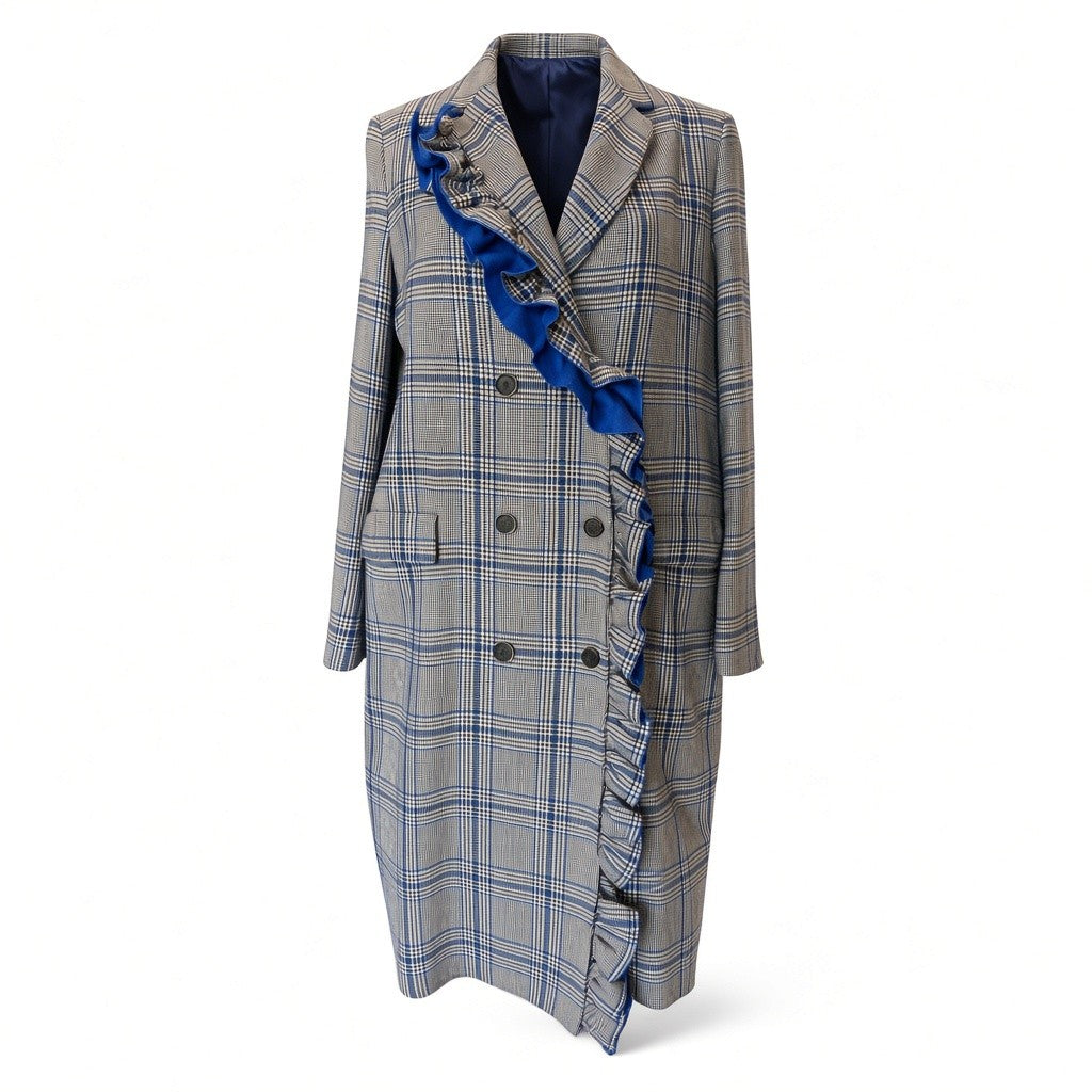 MSGM Ruffled Checked Long Coat – Grey & Blue – Size 42