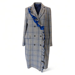 MSGM Ruffled Checked Long Coat – Grey & Blue – Size 42