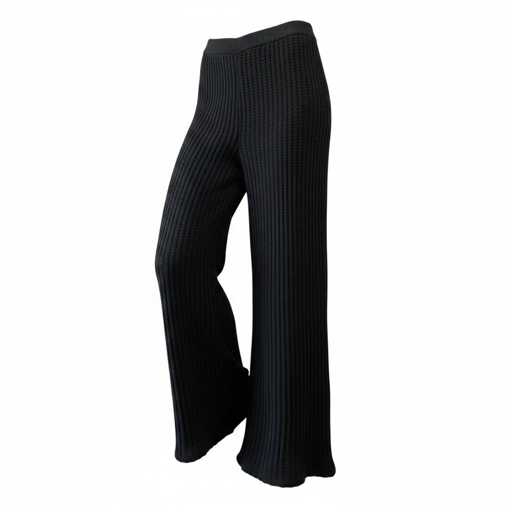 Maccaoani Black Ribbed Wide-Leg Pants – Size Medium