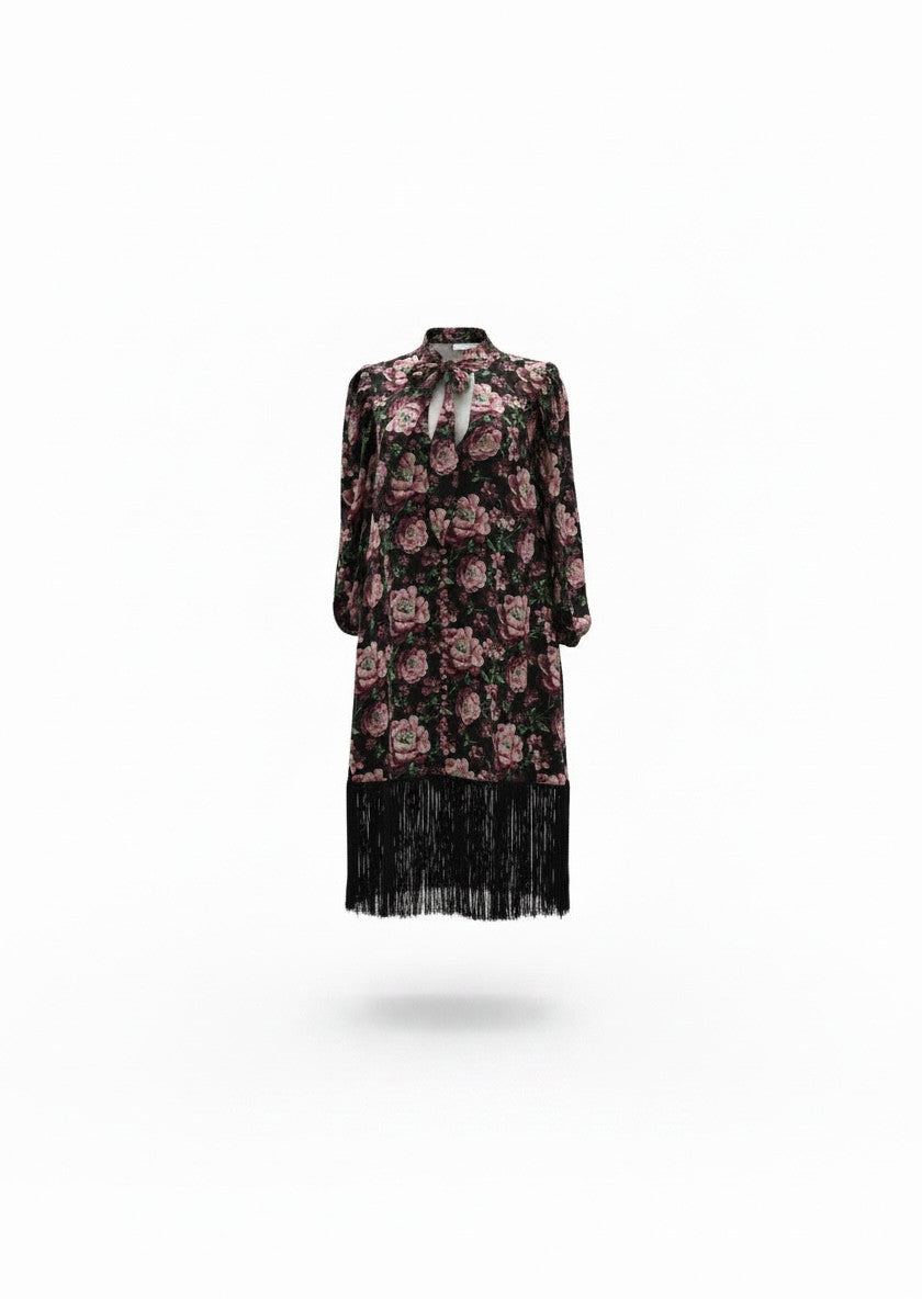 Magda Butrym Floral Silk Fringe Dress – Black & Pink Romantic Evening Dress – Size 38