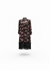 Magda Butrym Floral Silk Fringe Dress – Black & Pink Romantic Evening Dress – Size 38