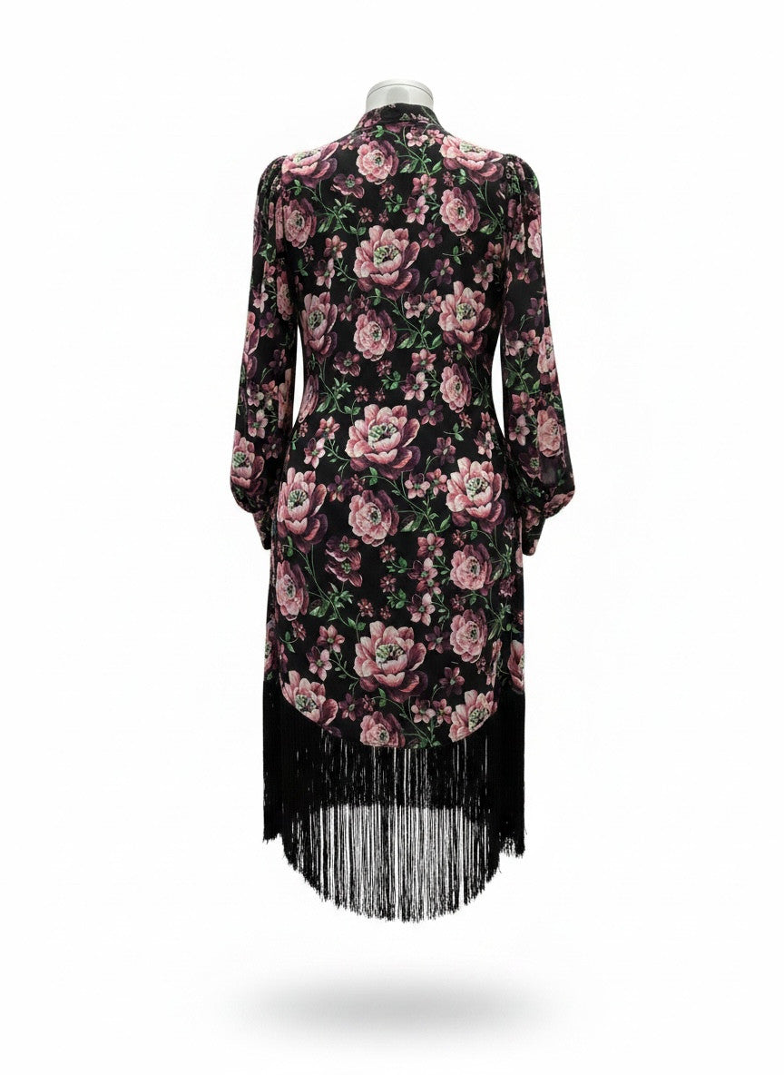 Magda Butrym Floral Silk Fringe Dress – Black & Pink Romantic Evening Dress – Size 38