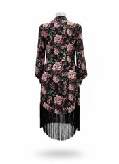 Magda Butrym Floral Silk Fringe Dress – Black & Pink Romantic Evening Dress – Size 38