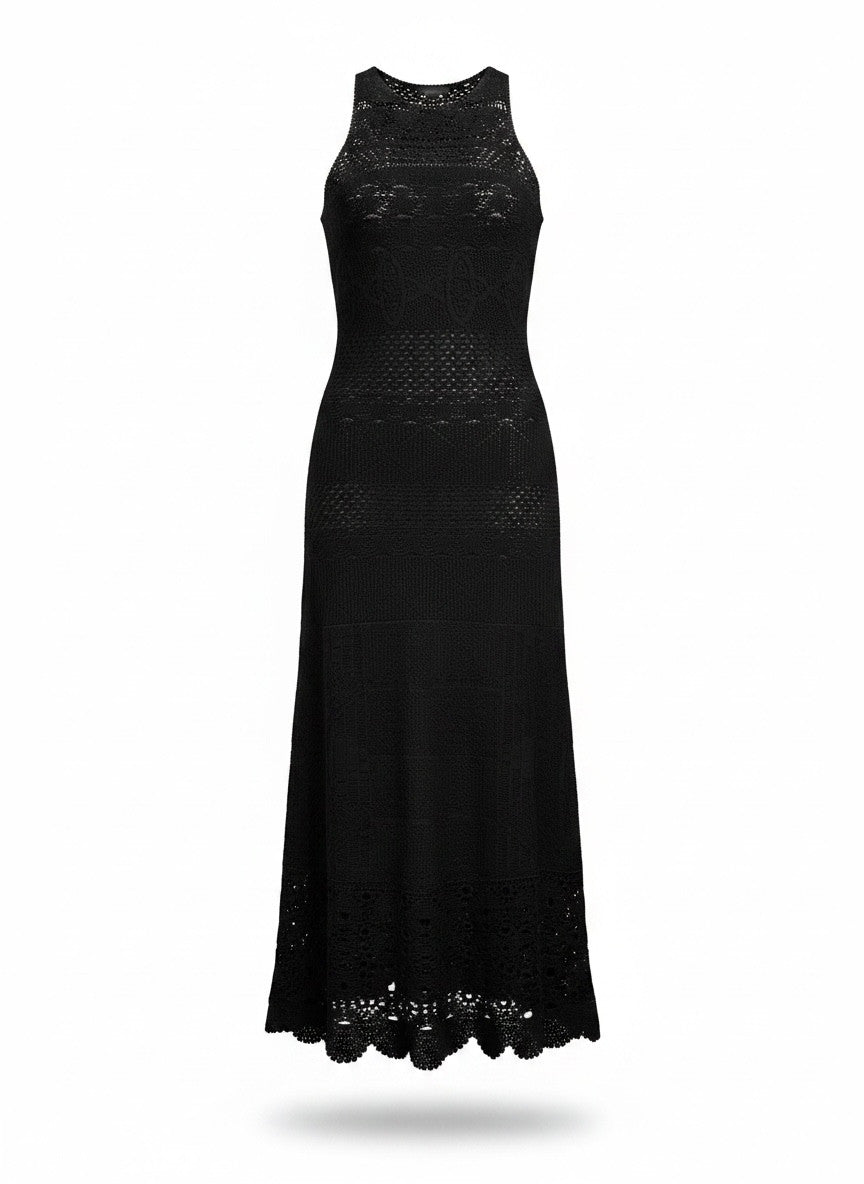Maje Rebellina Black Crochet Midi Maxi Dress – Parisian Bohemian Knit Dress – Size 38