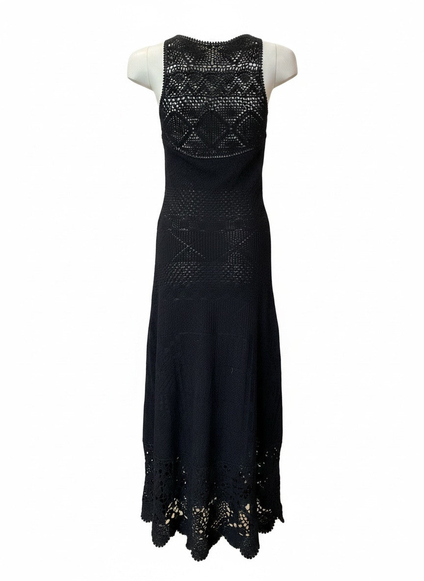 Maje Rebellina Black Crochet Midi Maxi Dress – Parisian Bohemian Knit Dress – Size 38