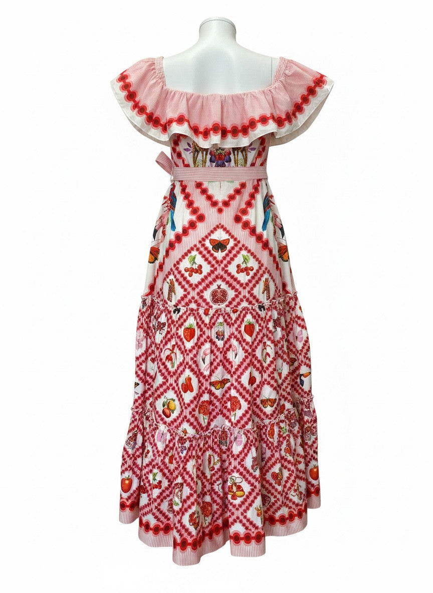 Mary Katrantzou Ruffled Printed Dress with Belt – White & Red – Size Unspecified