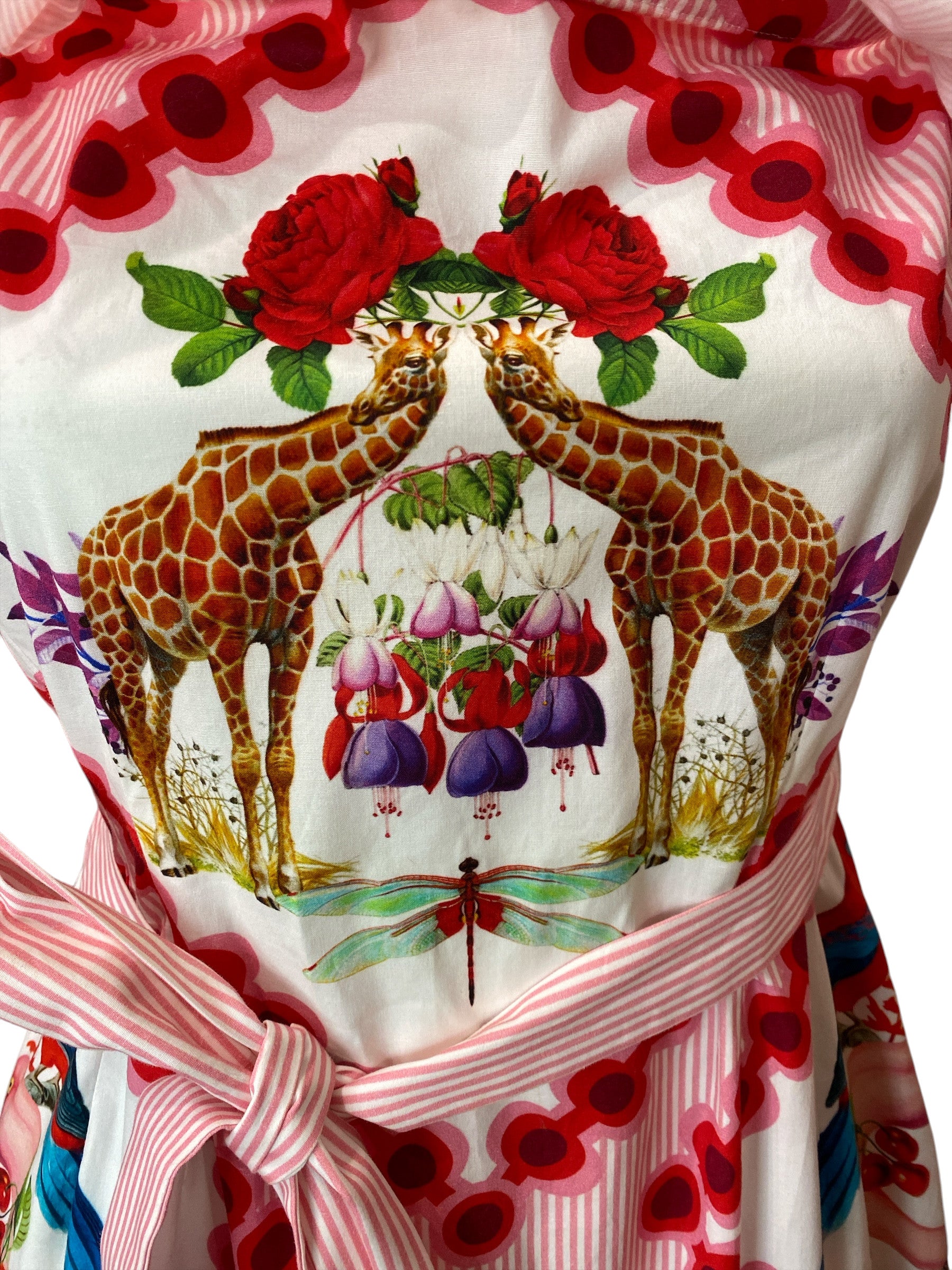Mary Katrantzou Ruffled Printed Dress with Belt – White & Red – Size Unspecified