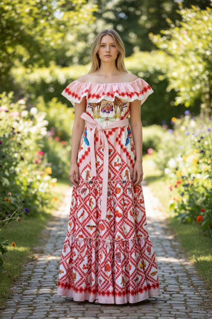 Mary Katrantzou Ruffled Printed Dress with Belt – White & Red – Size Unspecified